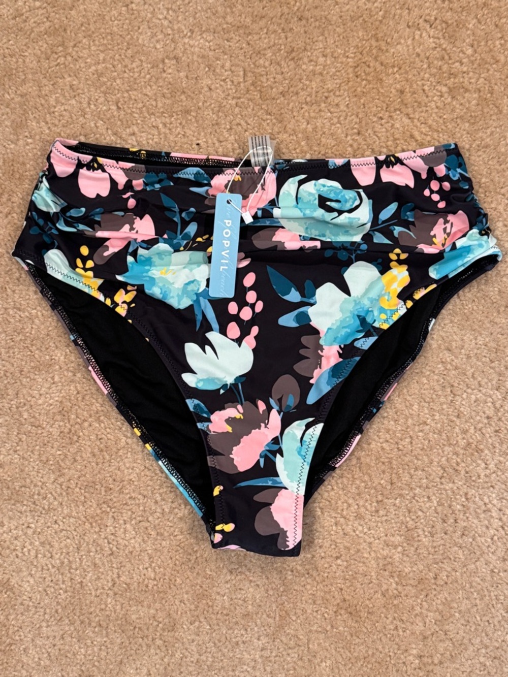 Women's High-Waist Floral Swim Bottoms - Black with Blue & Pink Flowers
